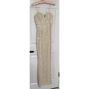 Aidan Mattox Sz 0 Sequin Cream Wedding Bridal Sweetheart Maxi Dress Side Slit